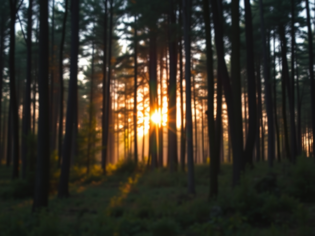 Create a high-resolution image of a serene forest landscape during golden hour with soft sunlight filtering through the trees, using a DSLR camera at f/8 aperture, ISO 200, 24mm lens, and a slight tilt-shift to enhance depth of field.