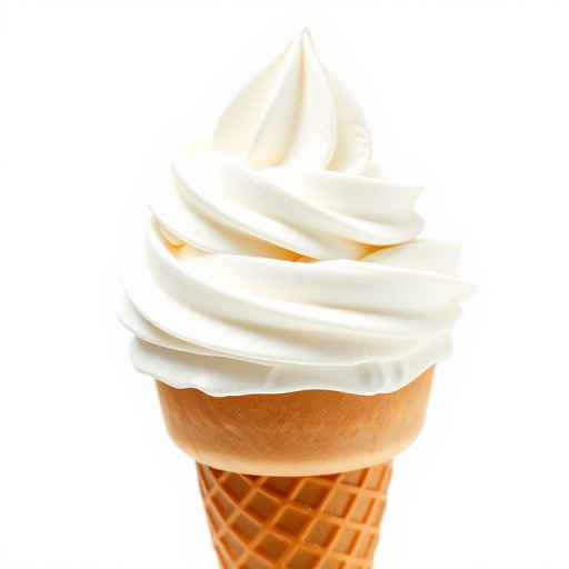 Create a high-resolution digital illustration of a whipped cream swirl on a cone, using a 50mm lens, aperture f/2.8, ISO 100, capturing the image from a slightly low angle to enhance depth, with soft lighting to emphasize textures and details, ensuring a clean white background for contrast.