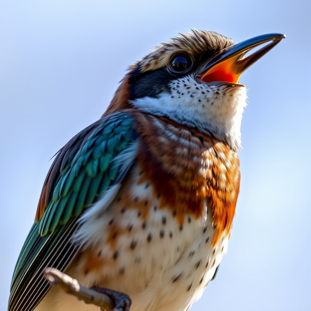 Capture a close-up of a bird perched on a branch, showcasing its iridescent feathers and open beak, with a blurred background, using a DSLR camera with a 300mm lens, aperture set to f/4, ISO 400, shutter speed 1/500 sec, natural light, and slightly angled view to highlight the texture of the feathers.