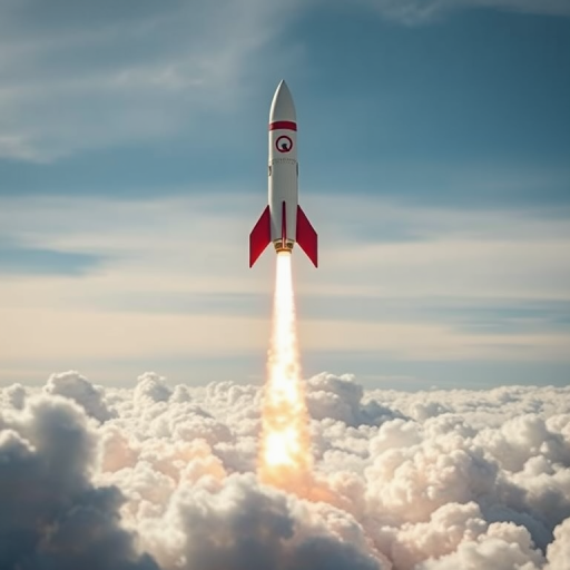 Create a high-resolution image of a rocket launching into the sky with thick clouds below, using a DSLR camera, 50mm lens, f/8 aperture, ISO 100, and a slight tilt-shift effect for depth.