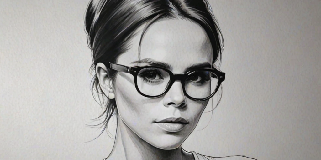 Dazzling Victoria Beckham, pencil sketch, portrait of Gorgeous woman 1927s in glasses, hair style beatnik, outline, clear lines, fine lines, 8k