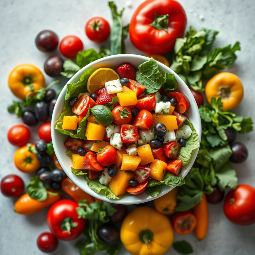 capture a top-down view of a vibrant salad bowl surrounded by colorful fruits and vegetables, using a DSLR camera with a 50mm lens, aperture set to f/2.8 for shallow depth of field, ISO 200 for clarity, and natural lighting to enhance colors and textures
