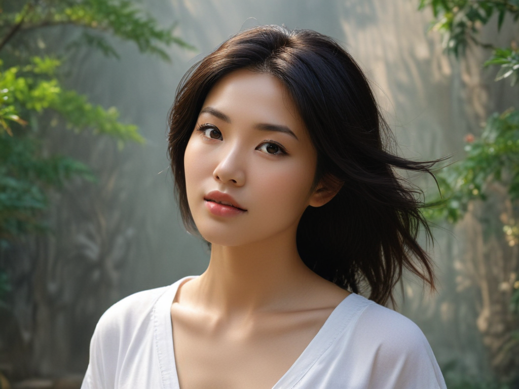 Serene Portrait of a Young Woman Surrounded by Lush Greenery Outdoors