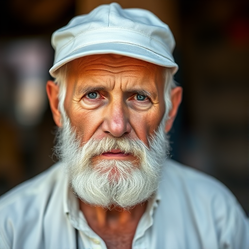 portrait of an elderly man with a white beard wearing a white cap and shirt, serious expression, shallow depth of field, soft natural lighting, Canon EOS R5, 85mm f/1.2, ISO 200, aperture f/2.8, focus on the subject, blurred background