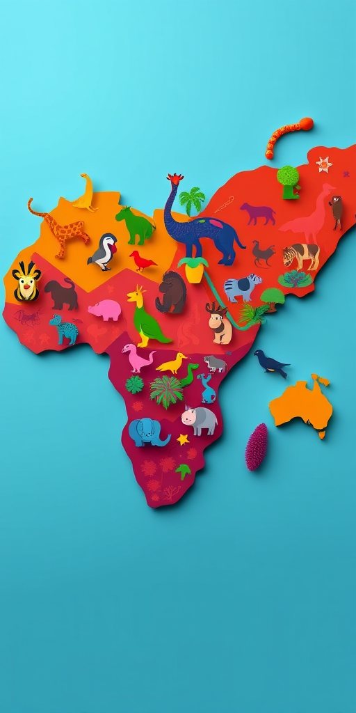 Regenerate a vibrant silhouette world map filled with colorful animal icons, using a Canon EOS R5 camera, ISO 200, aperture f/8, shutter speed 1/125s, shot from a top-down view, with a focus on enhancing color saturation and clarity.