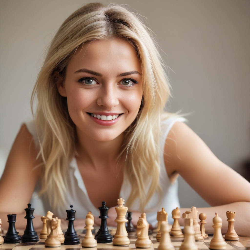 blonde woman playing chess, looking directly at the spectator, smiling