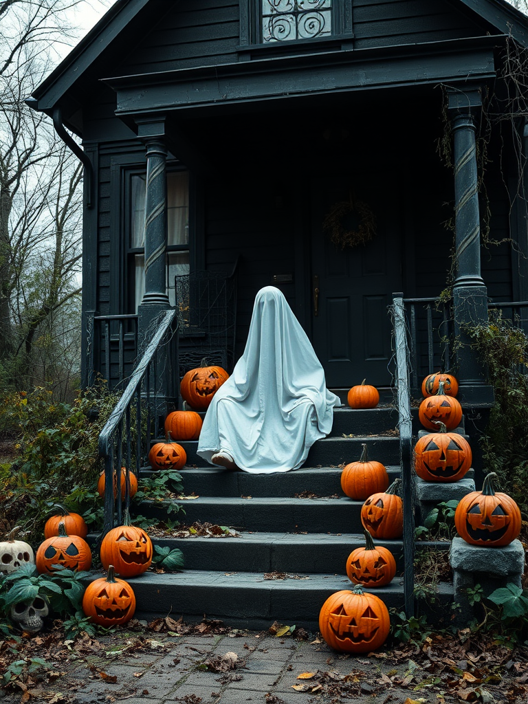 A ghost in a white sheet sitting on the steps of a dark old house surrounded by carved pumpkins with spooky faces and overgrown plants in a Halloween setting