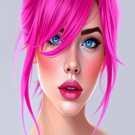 Create a vibrant digital illustration of a woman's face with bright pink hair and striking blue eyes, using a high-resolution setting of 300 DPI, with a shallow depth of field to emphasize facial features, captured with a digital camera type DSLR, using a portrait view style.