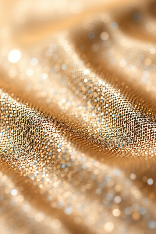 macro shot of wavy textured surface with glitter in shades of gold, silver, and blue, shallow depth of field, f/2.8 aperture, ISO 100, 50mm lens, natural lighting, DSLR camera