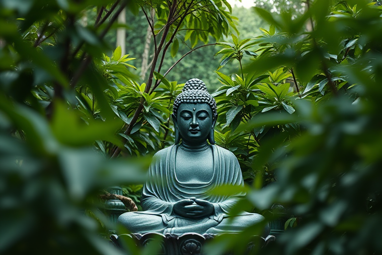 A serene statue of a Buddha surrounded by lush green foliage, captured with a Canon EOS R5 at f/2.8, 1/125s, ISO 200, shot from a slightly elevated angle using a shallow depth of field to enhance the focus on the statue while softly blurring the background.