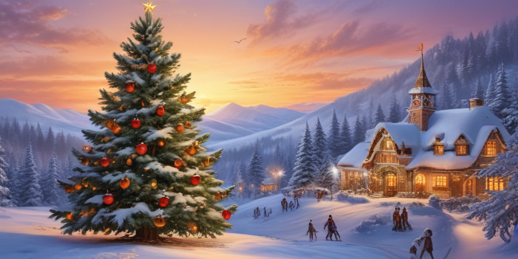 A Cozy Winter Scene Featuring a Decorated Christmas Tree and Snowy Cabin.