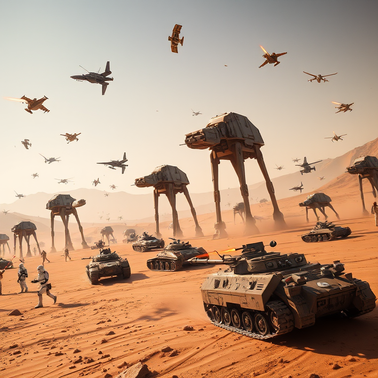 Create a high-resolution sci-fi scene depicting a battle on a desert planet with various spacecraft and ground vehicles, featuring AT-AT walkers firing lasers, tanks engaging, and stormtroopers in action, captured with a DSLR camera at f/2.8, ISO 100, 1/125s, wide-angle lens, low-angle view to emphasize the scale and action.