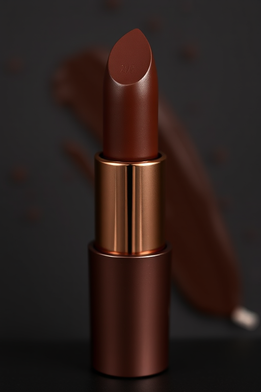 Sensual "Chocolate Truffle" cream-to-powder lipstick offers a rich, deep brown hue with a matte finish, perfect for creating a sultry and indulgent look