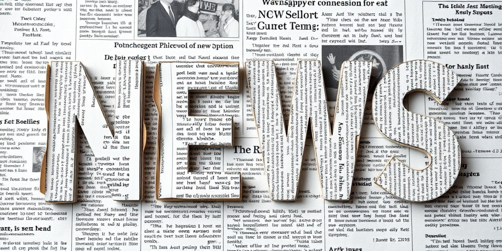 create an image of the word NEWS in 3D effect made of newspaper clippings, set against a background of a newspaper layout, use a Canon EOS 5D Mark IV camera, with a 50mm lens, aperture set to f/1.8 for a shallow depth of field, and a soft lighting effect for enhanced clarity and detail