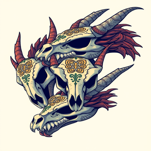 Create a high-resolution digital illustration of three stylized dragon skulls with intricate patterns, using a Canon EOS R5 camera with a 50mm f/1.2 lens, at an aperture of f/5.6, ISO 200, and a soft light setup to enhance the vivid colors and sharp details.