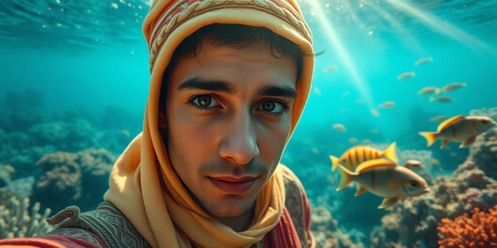 Realistic selfie image of a Middle Eastern, wearing a vintage outfit, detailed dreamy eyes, droopy hooded eyes, staring at the camera, taken underwater at coral reef with a sunbeam filtering through the water, vibrant, summer vacation, natural lighting, turtle and school of tropical fish with vibrant colors, rendered in the style of CryEngine, Pegi Nicol MacLeod, with realistic genre scenes, hauntingly beautiful narratives, ultra-realism, and Thomas Saliot's close-up technique, 8K resolution, crystal clear and sparkling water.