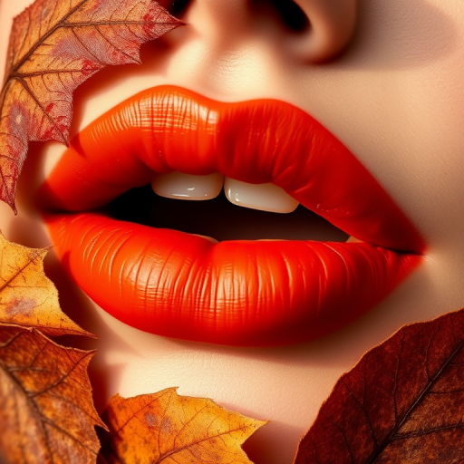 Autumn-inspired lips showcasing warm earth tones of rust, amber, and bronze, with a matte finish reminiscent of fallen leaves