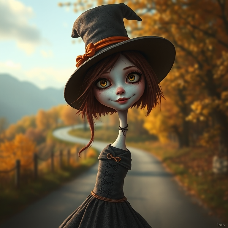 digital art fantasy depicting a strange girl with brown hair, long eyelashes, white lipstick and a tall hat walking along a winding road on an autumn afternoon, an Finch smiles as she passes
