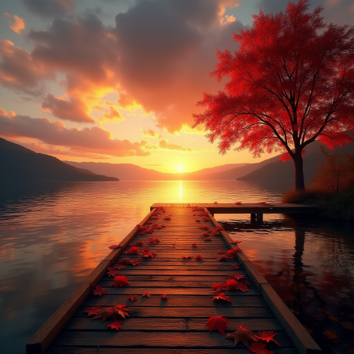 Create an image featuring a wooden dock extending into a serene lake at sunset. The sky is filled with dramatic orange, pink, and golden clouds as the sun sets behind distant hills, casting a beautiful reflection on the calm waters of the lake. The dock is strewn with vibrant red autumn leaves, and a strikingly red tree stands to the right, its leaves also glowing in the sunset light. The overall mood of the image is peaceful and warm, with the contrast between the fiery sky and calm waters enhancing the beauty of the scene.