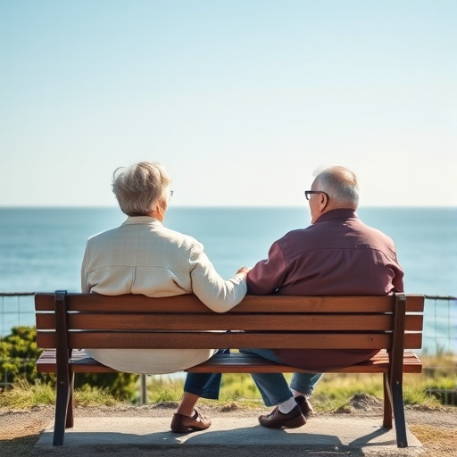 Create an image of an elderly couple sitting on a bench overlooking the ocean on a clear day, shot with a DSLR camera at f/8 aperture, 1/250 sec shutter speed, ISO 100, wide-angle lens, and soft natural lighting.