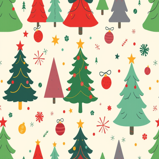 Create a seamless pattern design featuring stylized Christmas trees in various colors, ornaments, and festive elements on a light beige background, captured with a DSLR camera, 50mm lens, f/2.8 aperture, ISO 100, natural lighting.