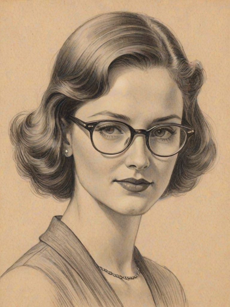 Beauteous Barrett Doss, pencil sketch, portrait of Fetching woman 1930s in glasses, hair style beatnik, outline, clear lines, fine lines, 8k