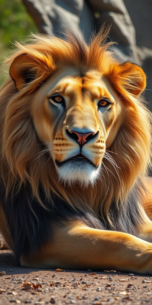 Create a realistic and high-quality depiction of a lion lounging majestically, using a Canon EOS 5D Mark IV with a 50mm f/1.8 lens, aperture set to f/4, ISO 100, shutter speed 1/200 sec, shot from a low angle to emphasize the lion's grandeur and confidence, in bright natural lighting to enhance details and textures.