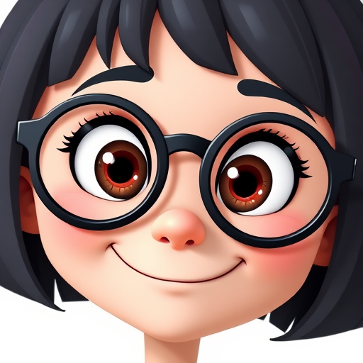 Create an animated character with a close-up view showing large round glasses a short bob haircut a slightly tilted head and a confident expression emphasize the character's exaggerated facial features and playful demeanor against a simple white background