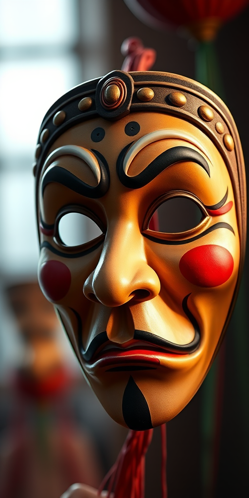 Create a high-resolution digital illustration of a traditional theatrical mask with exaggerated facial features, soft lighting, a 50mm lens, f/2.8 aperture, and a slightly blurred background to enhance depth.