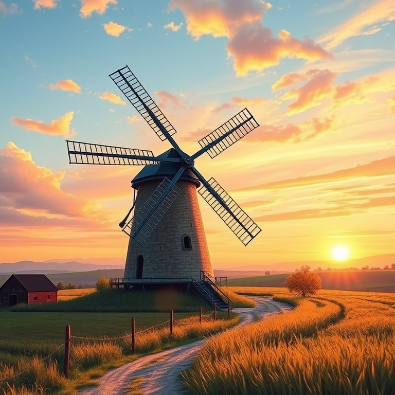 Create a vibrant illustration of a windmill with four large sails, set in a picturesque rural landscape, viewed at sunrise with a soft focus effect, using a DSLR camera with a 50mm lens, aperture f/2.8, ISO 100, and a slight vignette for depth.