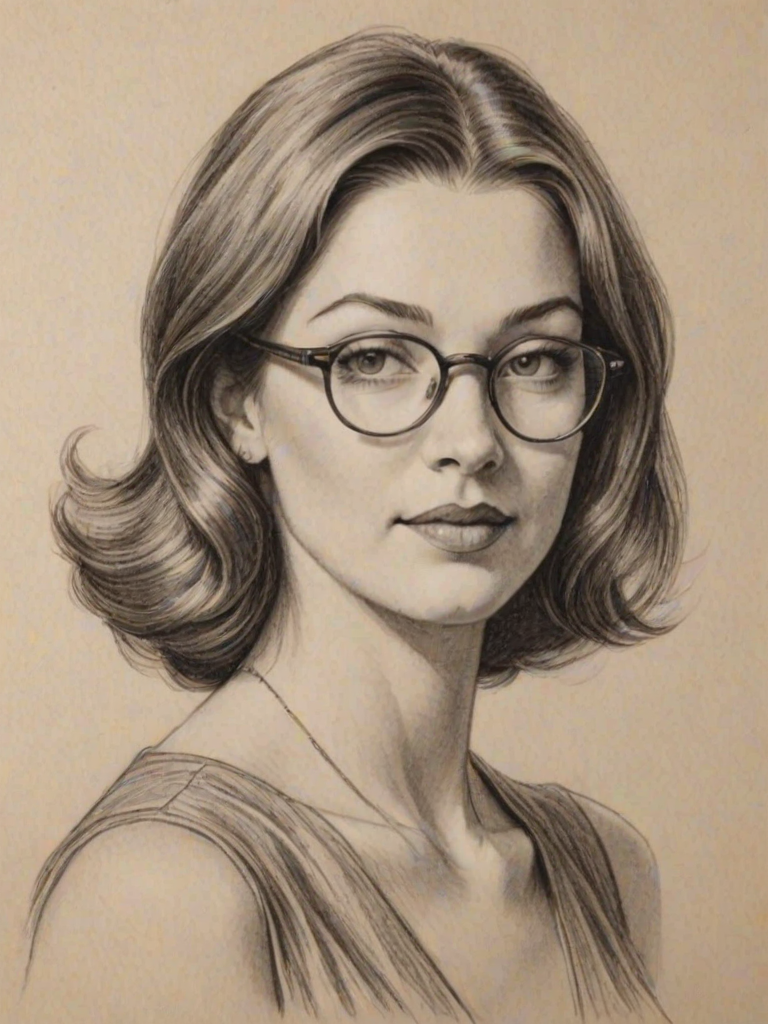 Lovely Bianca Kajlich, pencil sketch, portrait of Graceful woman 1929s in glasses, hair style beatnik, outline, clear lines, fine lines, 8k