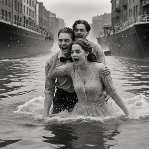 A hyperdetailed photorealistic black and white pencil sketch recreating the iconic scene at the end of Titanic with Jack and Rose floating in the water, only show them making exaggerated funny faces at the camera. Show Rose spitting water at the camera.