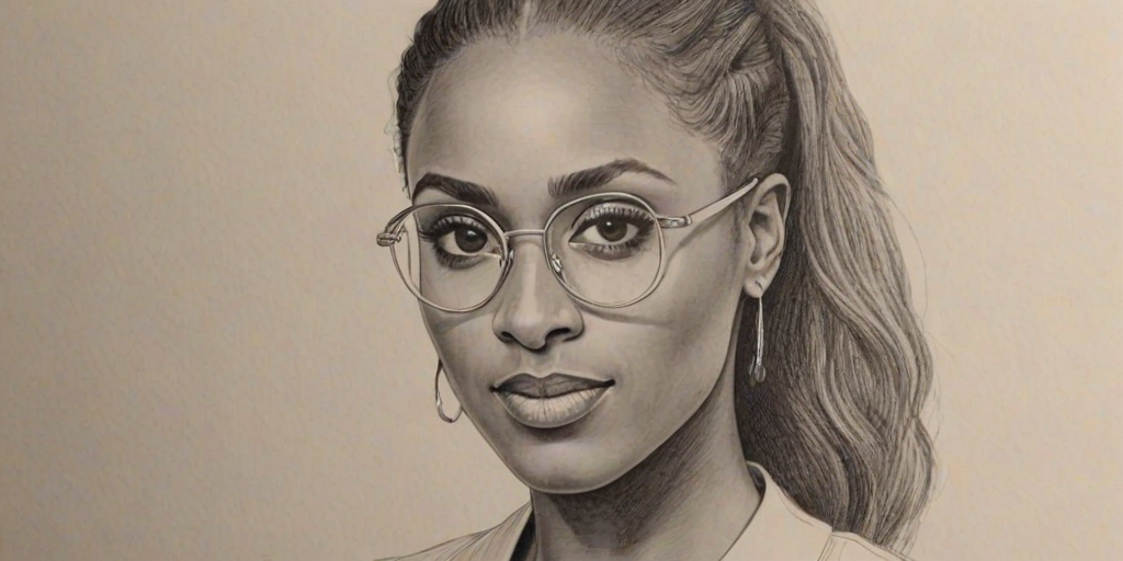 Lovely Issa Rae, pencil sketch, portrait of Delightful woman 1968s in glasses, hair style beatnik, outline, clear lines, fine lines, 8k