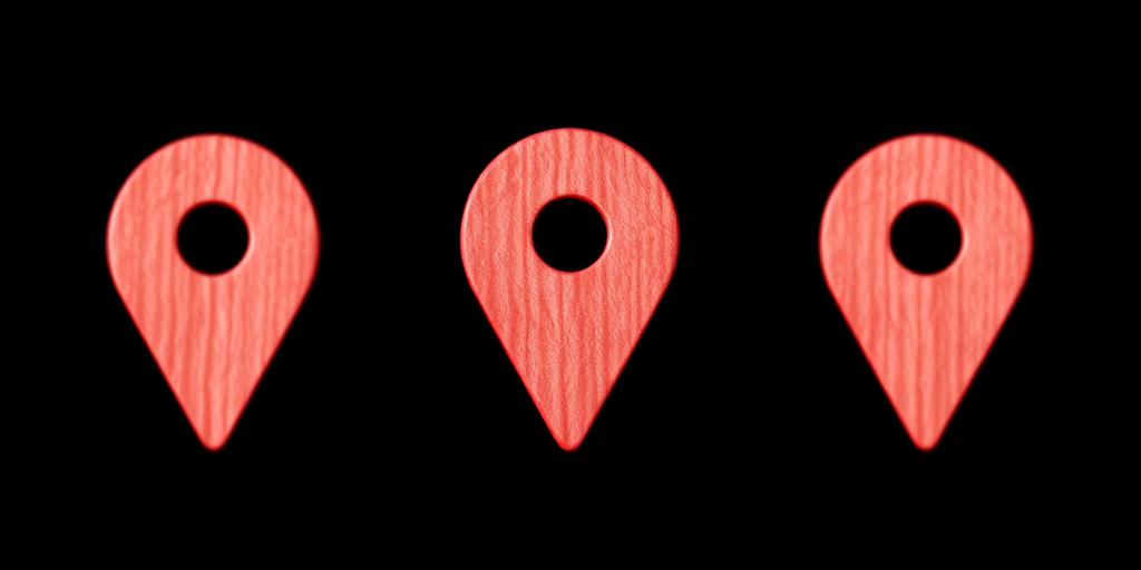 Create a high-resolution vector graphic of a red map pin with a textured wooden finish, shot with a DSLR camera at f/4 aperture, ISO 100, in soft natural lighting, with a focus on the pin symbol against a plain black background.