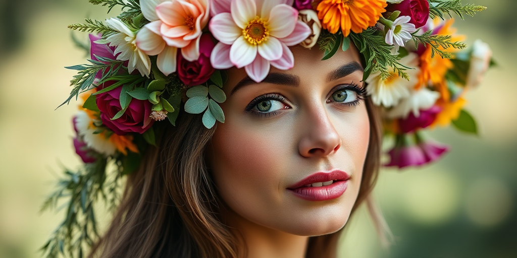 Create a portrait of a woman with a floral headdress made of vibrant flowers and greenery, gentle expression, soft focus, natural light, 50mm lens, f/1.8 aperture, ISO 100, shallow depth of field, high resolution digital photography.