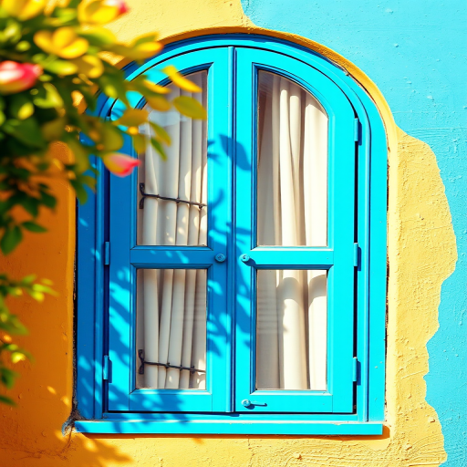 Create a vibrant blue window design with four panes, digitally illustrated, shot in high resolution, using a DSLR camera with a focal length of 50mm, aperture set to f/2.8 for a shallow depth of field, in natural light to enhance color contrast.