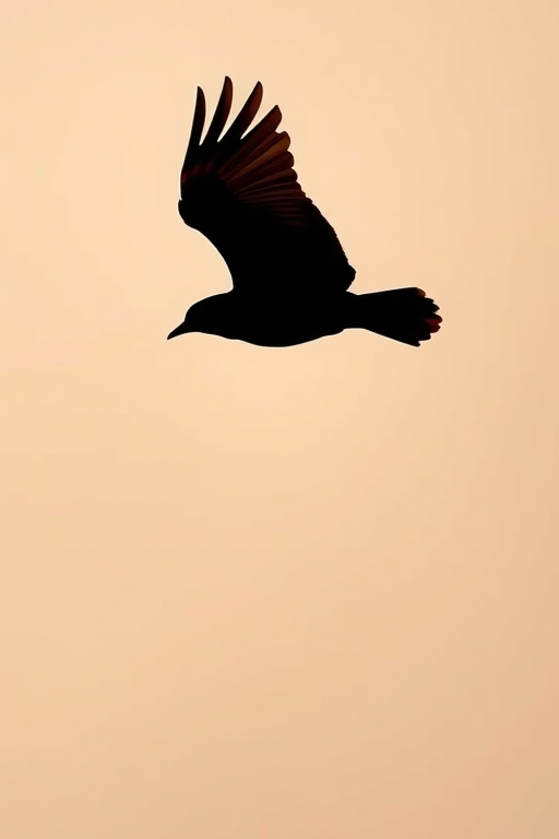 Generate a high-resolution image of a sleek black silhouette of a bird in flight against a soft gradient background, shot with a Canon EOS R5, 85mm lens, aperture f/2.8, ISO 200, and soft natural lighting for enhanced clarity and contrast.