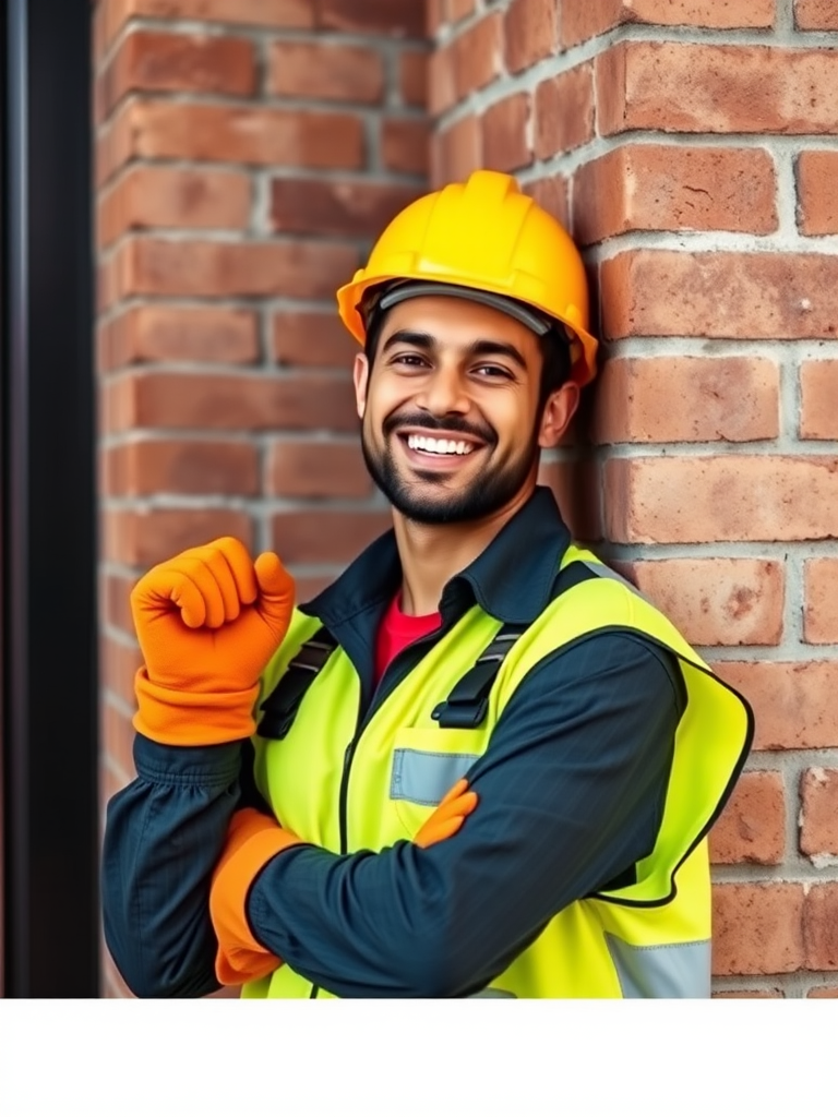 create an image of a smiling construction worker wearing a yellow hard hat and orange gloves, leaning confidently against a wall made of brown bricks, captured with a DSLR camera at f/4, ISO 200, and a 50mm lens, in natural daylight to enhance image quality and clarity