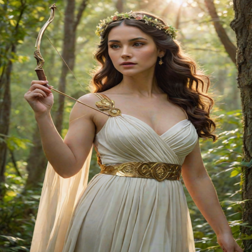 Create a portrait of a goddess-like female figure in a tranquil, forested environment. She has an elegant appearance with long, wavy hair styled in an updo and adorned with a delicate, floral headband. She wears a flowing, ancient Greek-inspired gown in a soft, pale color, featuring a one-shoulder design and draped fabric that accentuates her graceful form. The outfit includes a decorative belt with ornate gold detailing, and she holds a bow in her hand, with a quiver of arrows slung over her shoulder. The background depicts lush greenery, with sunlight filtering through the trees, casting a gentle, ethereal light on the scene. Her expression is calm and contemplative, embodying a sense of wisdom and serenity.