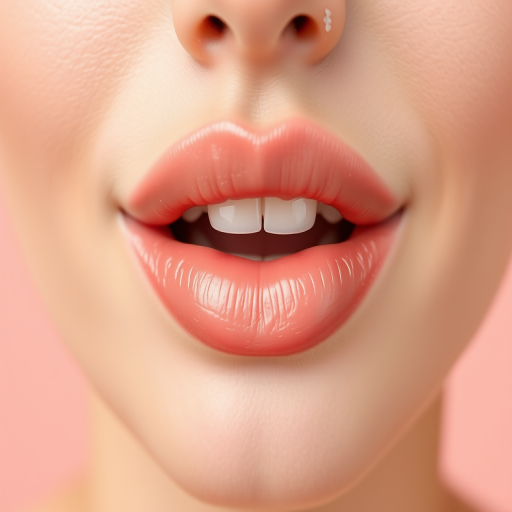 Soft peach lip tint enhances natural lip color, creating a fresh, dewy look that emphasizes the lips' youthful plumpness and subtle pink undertones