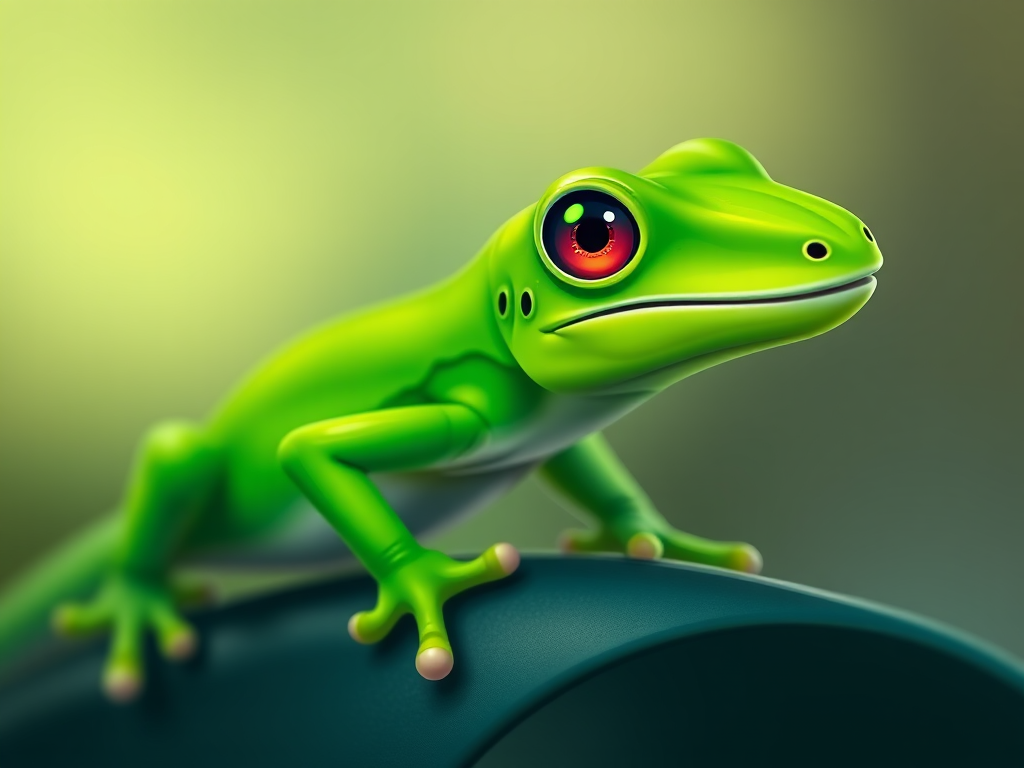 Create a vibrant green lizard illustration with smooth curves and stylized limbs, using a macro lens at f/2.8 aperture, 1/200 shutter speed, and a shallow depth of field for crisp detail against a soft background, capturing the essence of a cartoonish gecko.