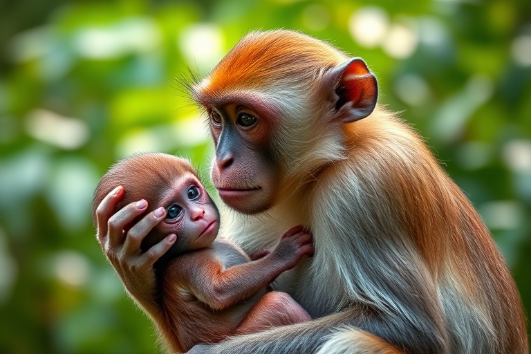 Capture a high-resolution image of a mother monkey holding her baby, with the background of lush greenery, using a Canon EOS R5, 85mm lens, aperture f/1.8, ISO 200, and natural light, shallow depth of field, and a soft bokeh effect.