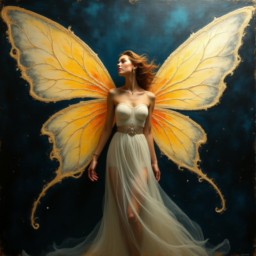 Palette knife oil painting, featuring an elegant feminine fairy with enormous translucent wings, high contrast, impasto texture, with chiaroscuro and dramatic shadows and shining Gold Foil highlights