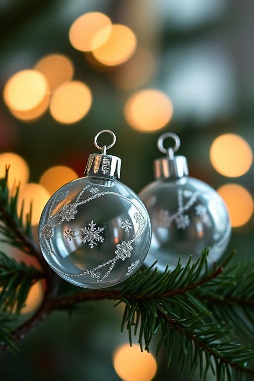 A close-up shot of two decorative glass Christmas ornaments resting on a pine branch, with soft bokeh lights in the background, taken with a Canon EOS R5, 50mm f/1.2 lens, aperture set to f/2.8, ISO 100, shutter speed 1/200 sec, using natural light for a warm, festive atmosphere.