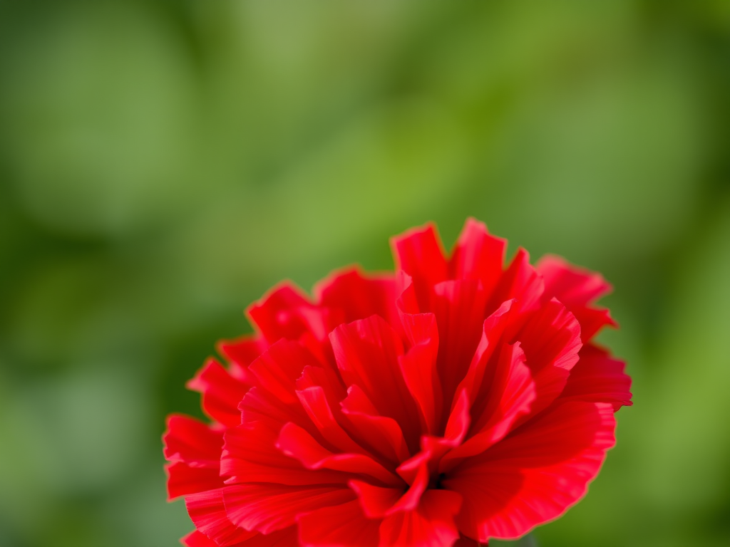 Close-up of a vibrant red carnation flower with sharp focus and blurred green background, taken with a DSLR camera at f/2.8 aperture, ISO 100, 50mm lens, natural light, macro photography style.