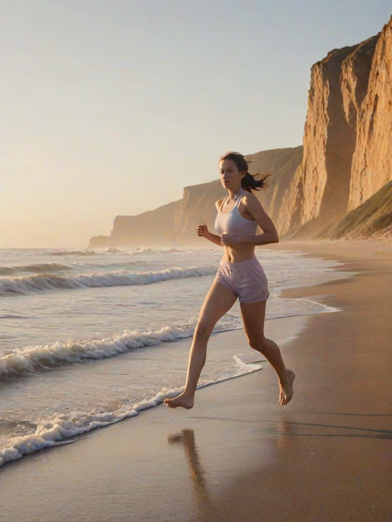 Blurry action shot of a woman running along a sunlit beach at dawn, soft waves crashing against the shore, with distant cliffs barely visible under the soft pastel sky.