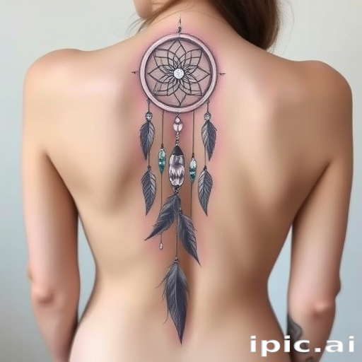 Ethereal body tattoo depicting a dreamcatcher with flowing feathers and crystals cascading down the spine, rendered in delicate white ink for a subtle and feminine appearance