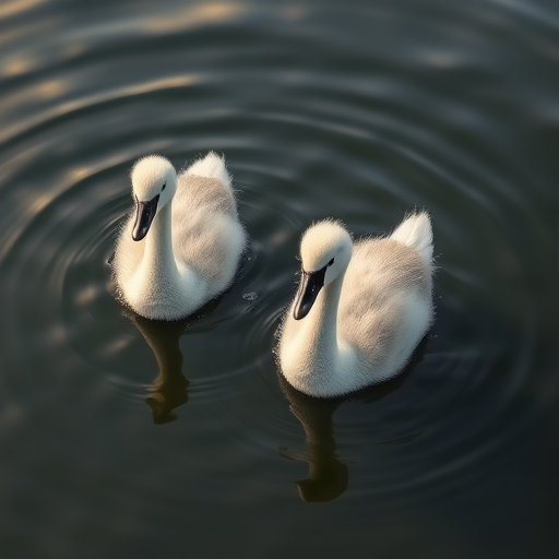 capture two cygnets swimming in calm water with soft ripples, use a shallow depth of field, natural lighting, 50mm lens, f/2.8 aperture, ISO 200, shutter speed 1/500 sec, top-down view for a serene perspective