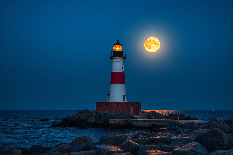 Generate a high-resolution digital painting of a lighthouse by the ocean under a full moon, captured with a Canon EOS 5D Mark IV, 50mm lens, f/1.4 aperture, ISO 100, shot at dusk with HDR technique for enhanced detail and colors.