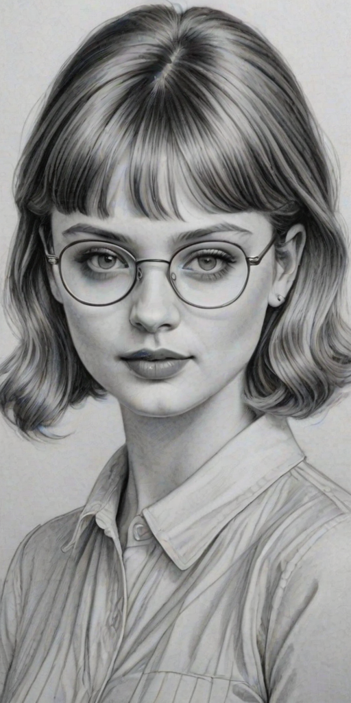 Wonderful Bella Heathcote, pencil sketch, portrait of Lovely woman 1937s in glasses, hair style beatnik, outline, clear lines, fine lines, 8k